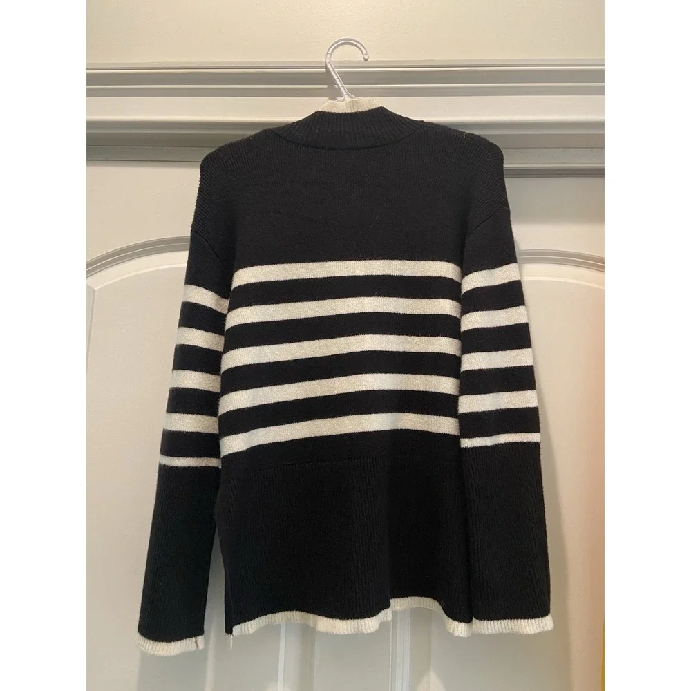 For the Republic Black White Striped Mock 1/4 Quarter Zip Womens Knit Sweater XS